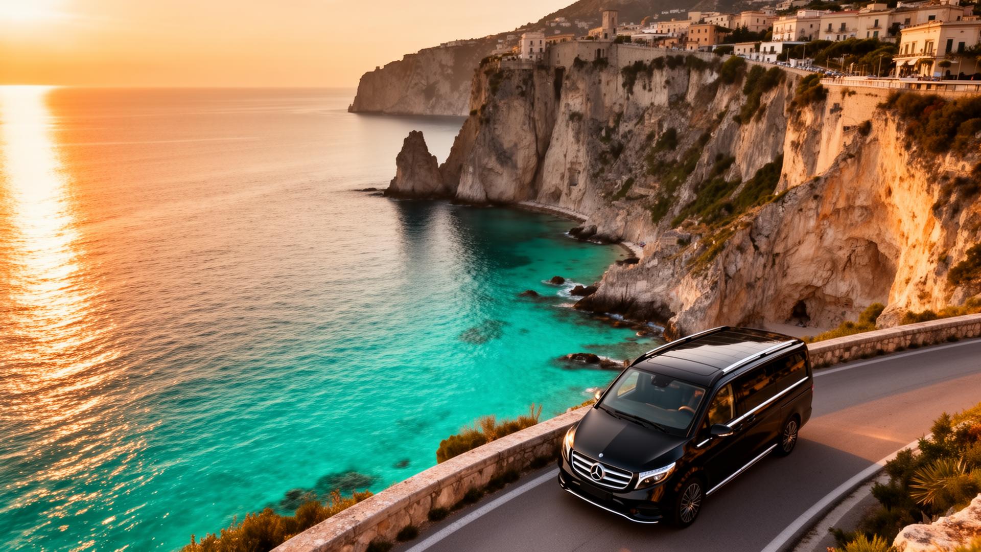 Calabria coastline at golden hour with a luxury black van